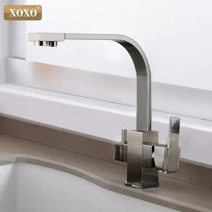 Modern brushed stainless steel single hole kitchen faucet with sleek angular design and dual handles for decorbites black single use