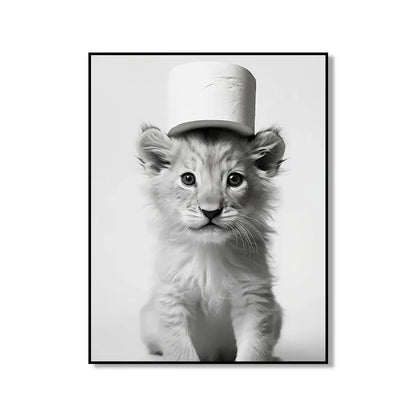 Black-and-white framed bathroom wall art featuring a cute animal lion cub wearing a toilet paper roll top hat canvas poster