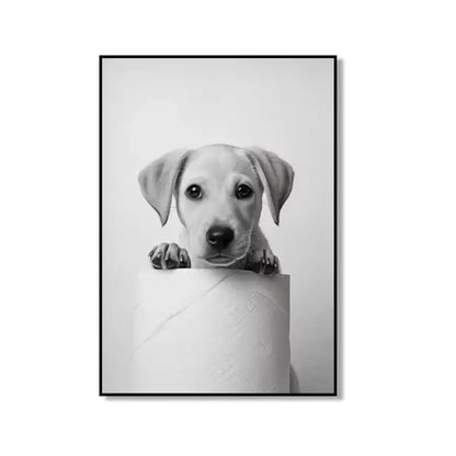 Black-and-white cute animal canvas featuring a puppy peeking over toilet paper roll for bathroom wall art decor