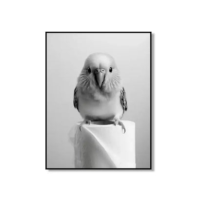 Black and white framed decorbites bathroom wall art featuring a cute animal canvas of a budgerigar on a toilet paper roll
