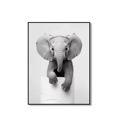 Black-framed black-and-white cute animal canvas featuring a baby elephant for bathroom wall art by DecorBites™