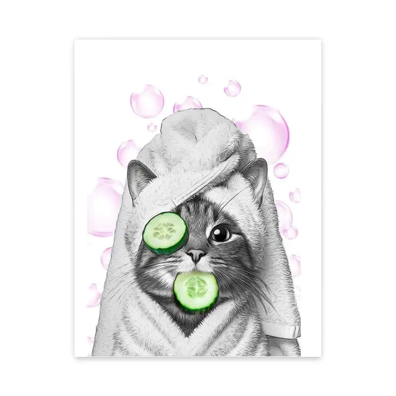 A charming black and white cat illustration wall art with cucumber slices and pink bubbles for funny bathroom poster