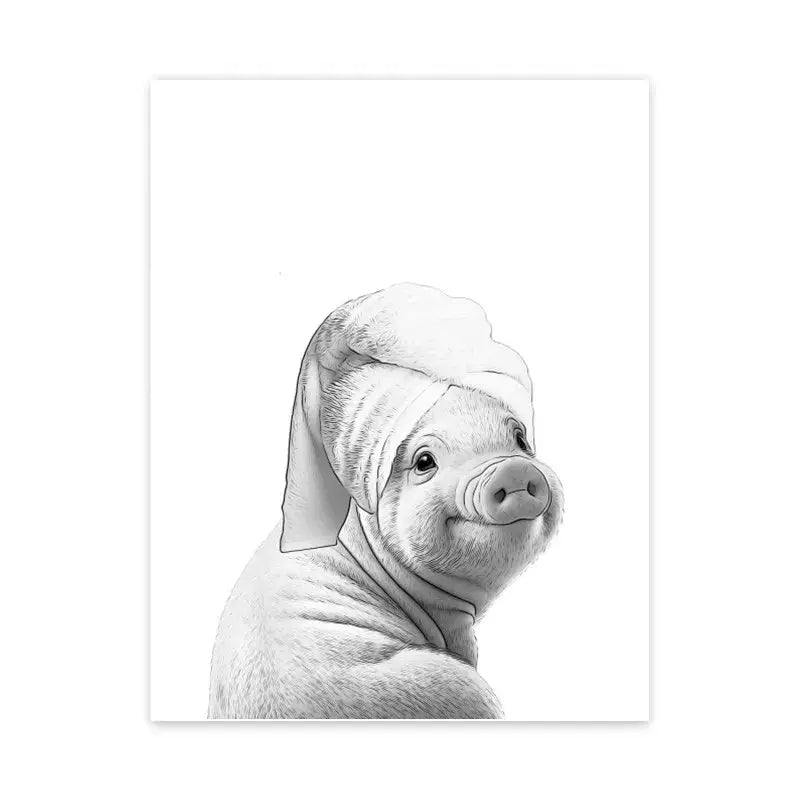 Black and white illustrated pig with towel on head funny bathroom poster wall art by decorbites for bathroom decor