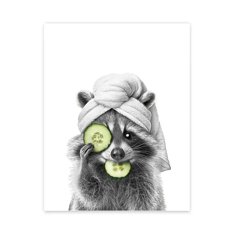 Black-and-white funny bathroom poster wall art featuring a raccoon with towel and cucumber slices by DecorBites™