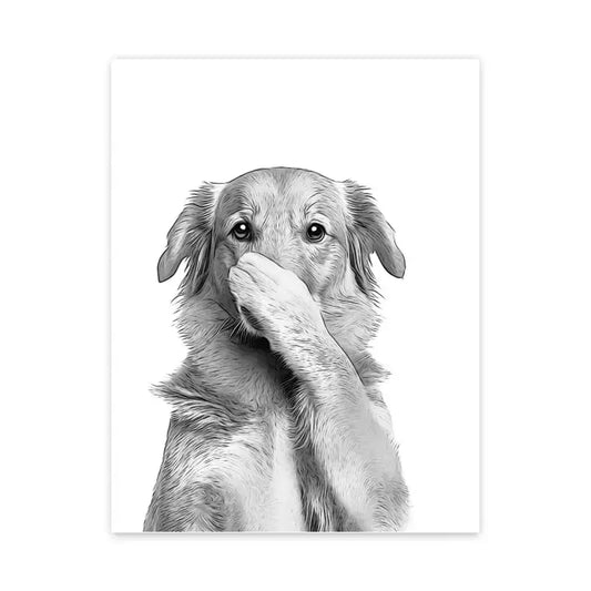 A black and white illustrated dog with floppy ears covering its mouth on a funny bathroom poster wall art by decorbites