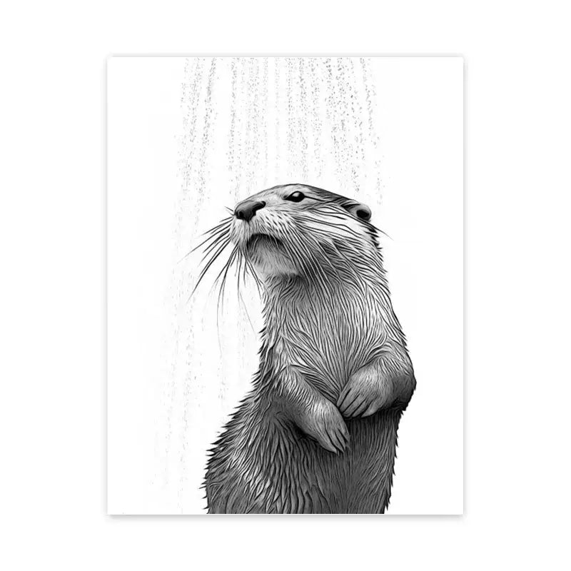 Detailed black and white otter illustration wall art with textured fur for a funny bathroom poster by DecorBites™