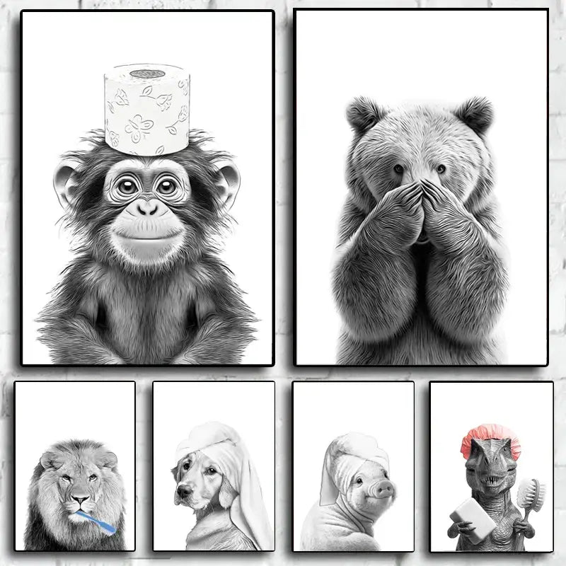 Set of six black-and-white animal-themed framed prints featuring funny bathroom poster wall art by decorbites