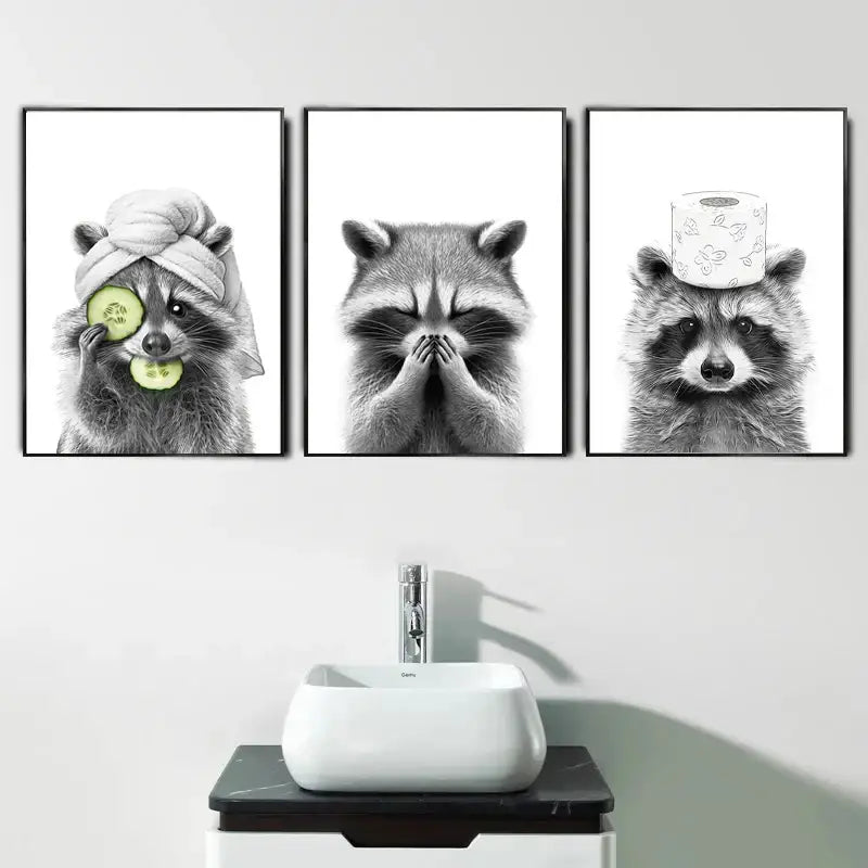 Set of three black-and-white framed raccoon wall art prints from decorbites™ funny bathroom poster collection