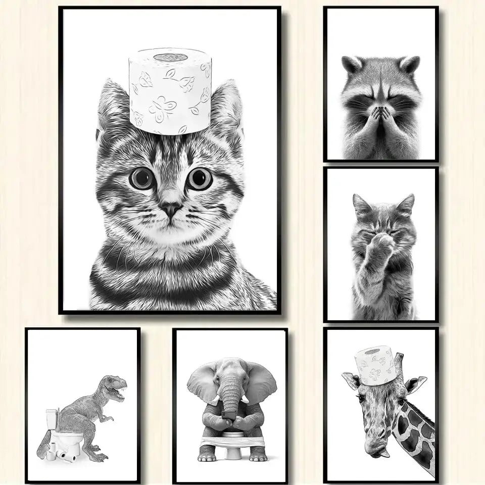 Black-and-white framed canvas painting of a tabby cat balancing toilet paper for funny bathroom decor by DecorBites™