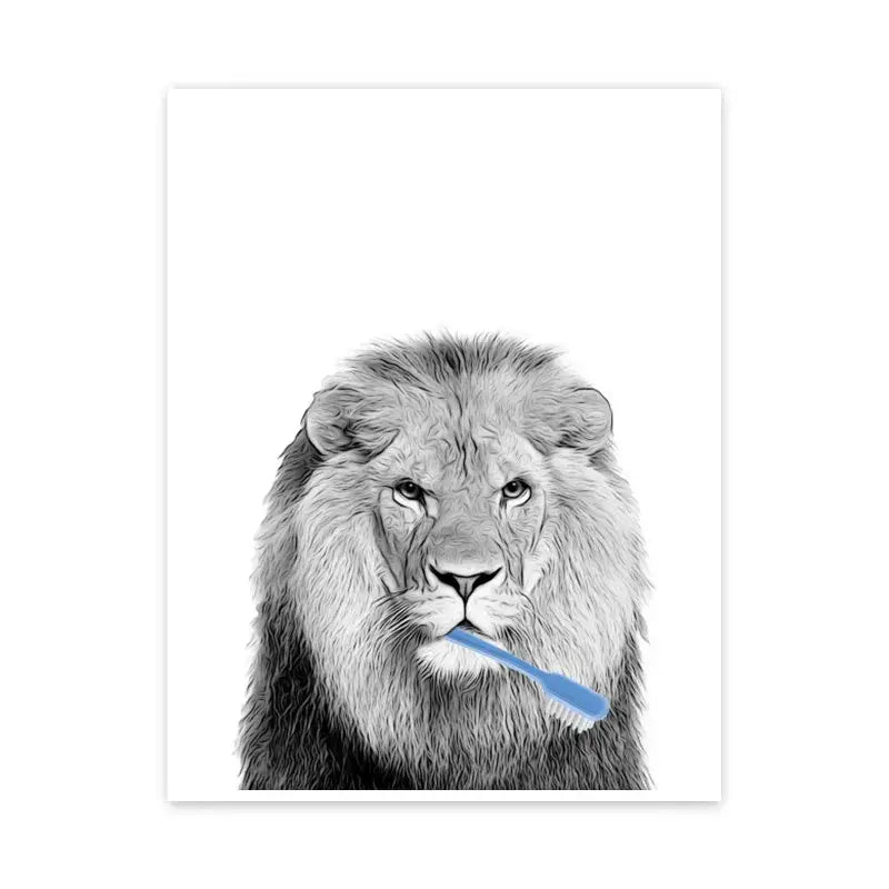 Black-and-white canvas painting of a lion with a blue toothbrush in its mouth for funny bathroom decorbites toilet paper art