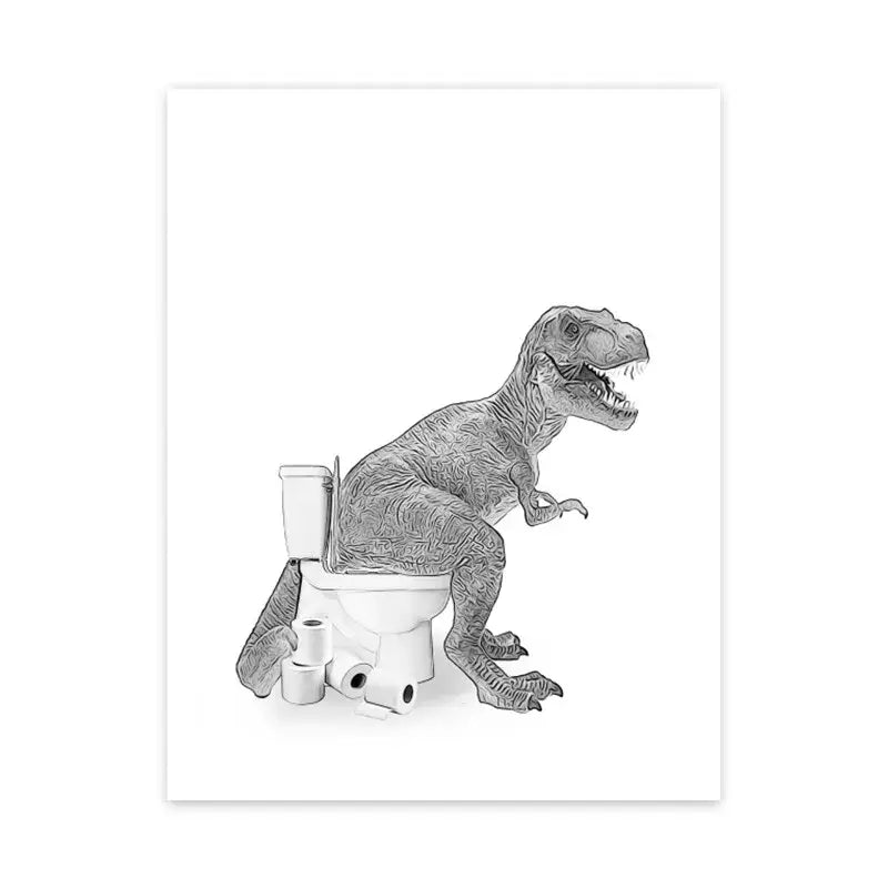 Black-and-white illustrated canvas painting of a detailed animal toilet paper design for funny bathroom decor by decorbites