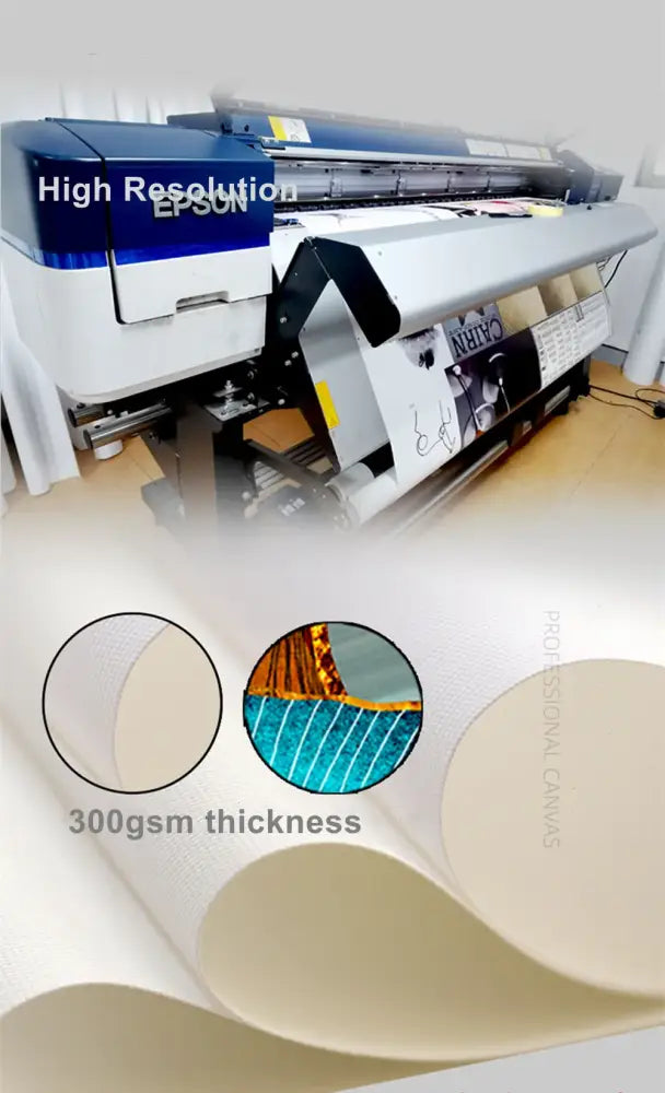 Epson white and blue industrial printer producing high-resolution canvas painting for funny bathroom toilet paper art