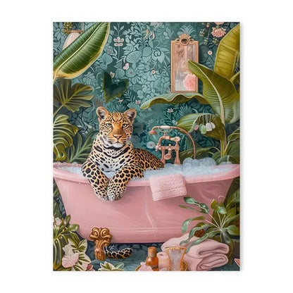 Decorbites™ animal canvas art features a leopard with golden eyes in a pink clawfoot tub surrounded by tropical foliage