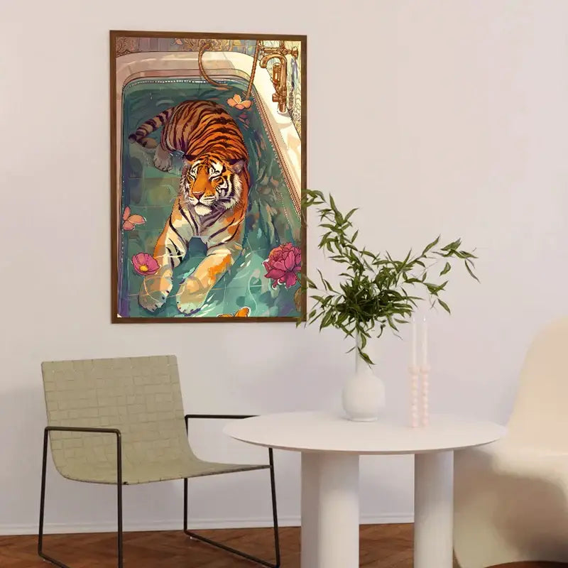 DecorBites™ animal canvas painting featuring a vibrant tiger in a bathtub with pink lotus flowers on teal water