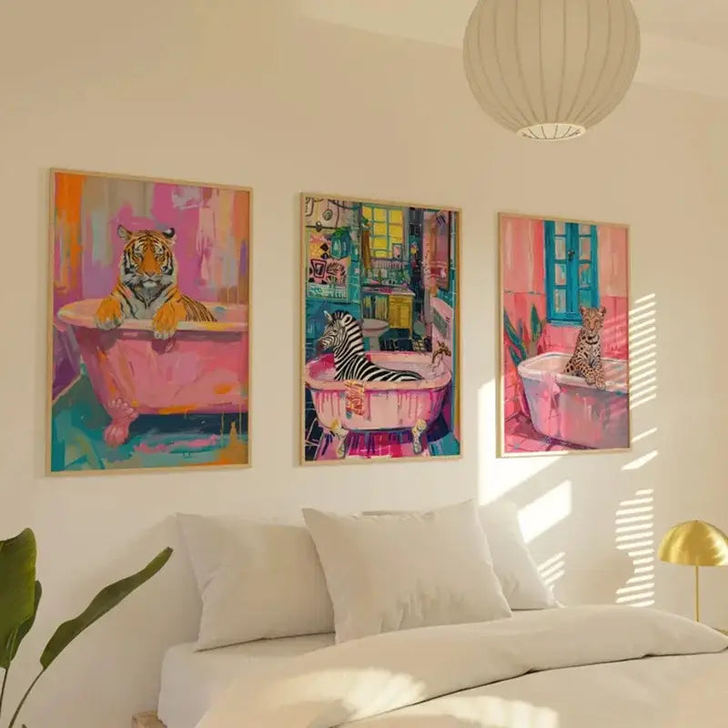 DecorBites™ animal canvas painting featuring three vibrant framed artworks of animals in pink bathtubs for bathroom wall art