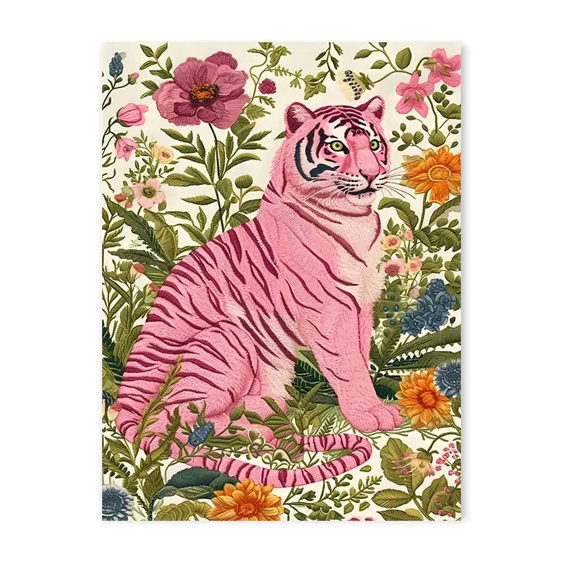 A vibrant pink tiger with black stripes on a lush floral background animal canvas painting for bathroom wall art