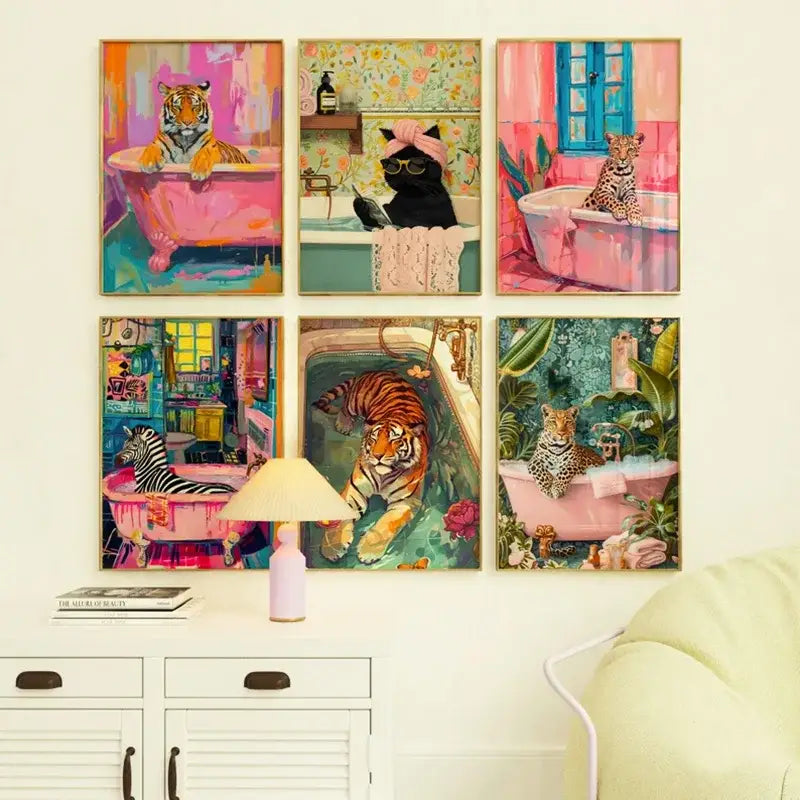 Set of six vibrant animal canvas paintings by DecorBites featuring framed whimsical bathtub scenes in bold colors