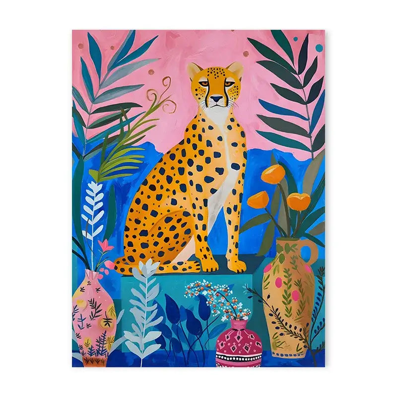 A vibrant golden-yellow cheetah with black spots in a stylized animal canvas painting by DecorBites for home decor