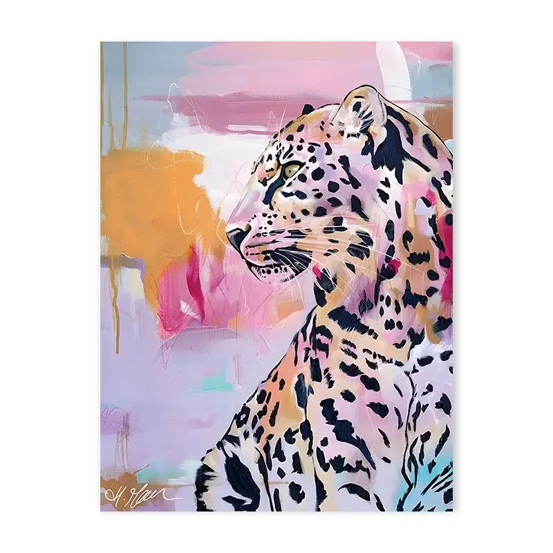 Decorbites™ animal canvas painting featuring a vibrant leopard with black spots on pink and peach background for decor
