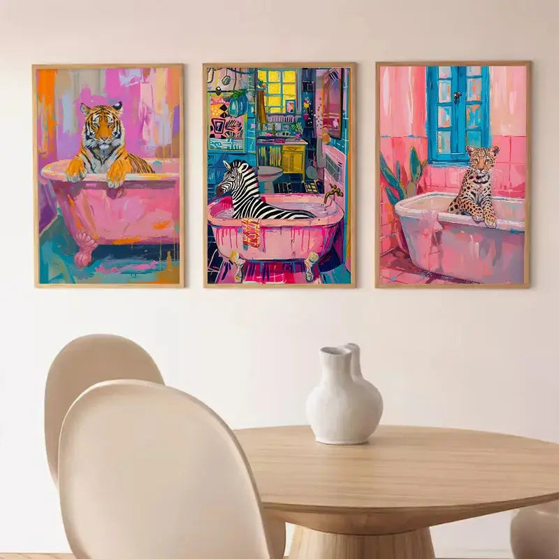 Set of three vibrant nordic canvas paintings featuring animals in pink bathtubs for bathroom or living room decor