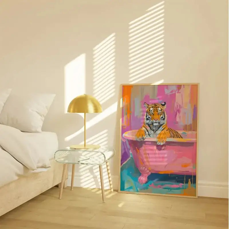 Vibrant nordic canvas painting of a tiger in a pink bathtub with light wood frame for living room decor