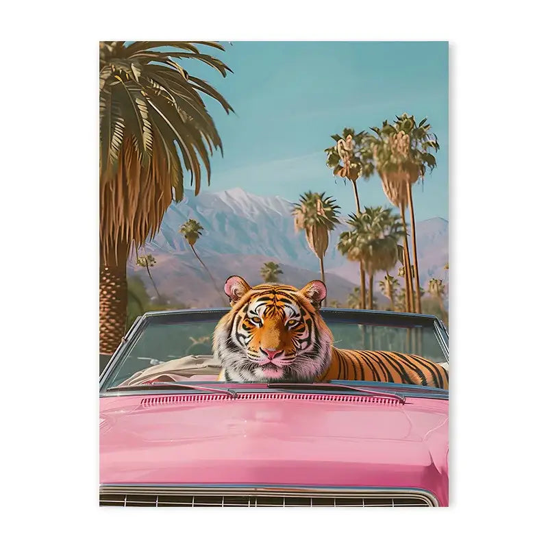 Decorbites™ vibrant pink convertible tiger nordic canvas painting for bathroom decor with palm trees and mountains for living room