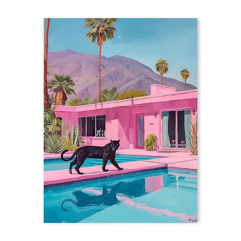 Decorbites™ animal-themed nordic canvas painting featuring a vibrant pink mid-century modern house for living room decor
