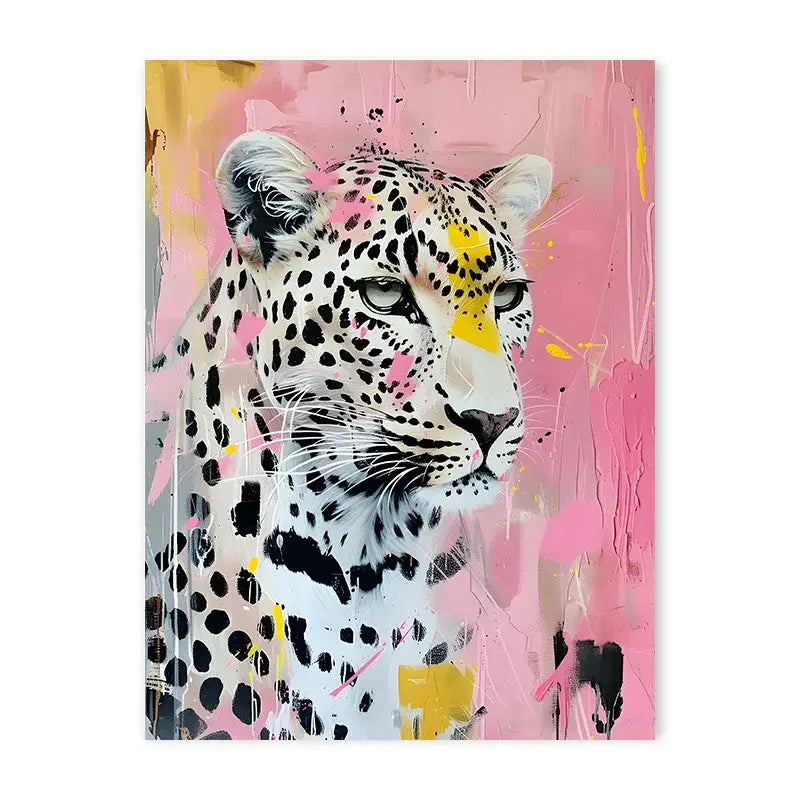 Decorbites™ animal canvas wall art featuring a colorful bathtub animal leopard with black spots and bold pink and yellow accents