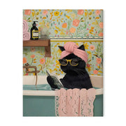 Decorbites™ animal themed canvas featuring a black cat in yellow sunglasses and pink turban in a colorful bathtub animal setting