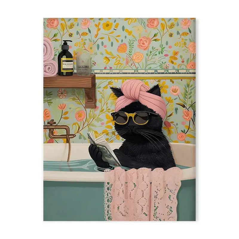 Decorbites™ animal canvas wall art featuring a black cat with a pink turban and yellow sunglasses in a bathtub reading a newspaper