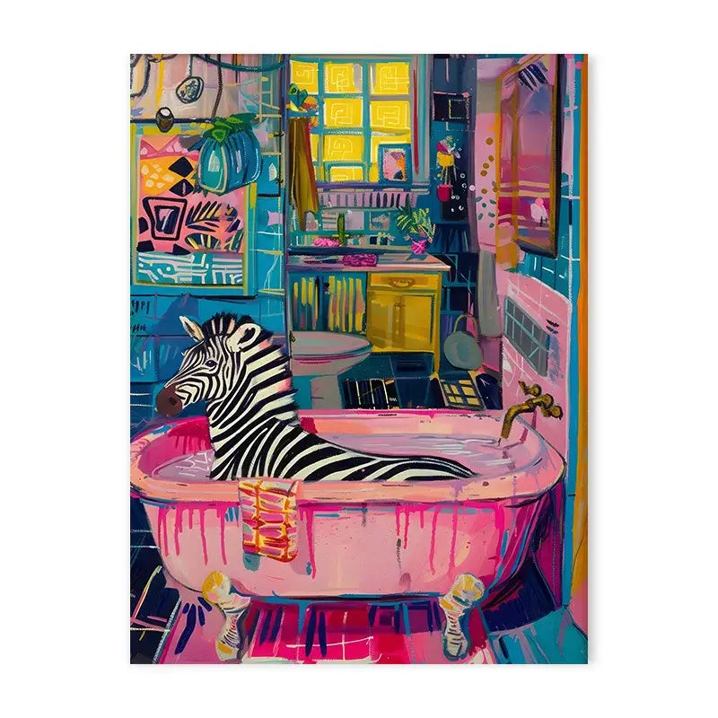 Decorbites™ animal canvas wall art featuring a vibrant pink clawfoot bathtub with a zebra in a colorful bathroom backdrop