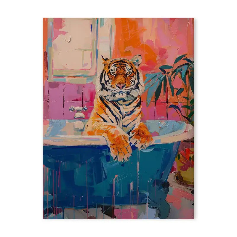 DecorBites™ animal canvas wall art featuring a vibrant orange and black tiger canvas painting in a blue bathtub
