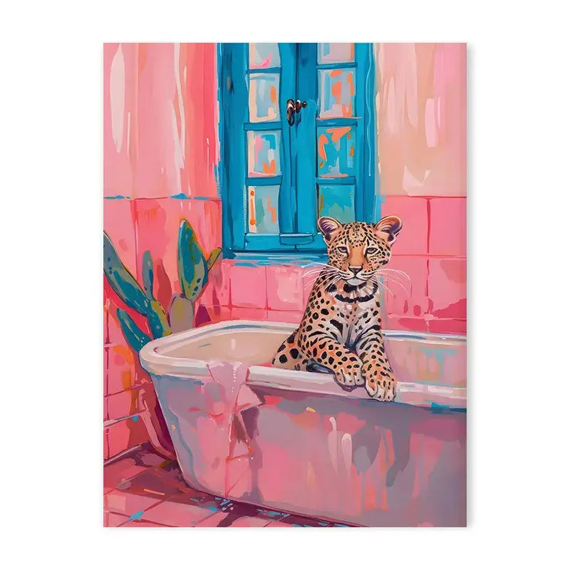 Decorbites™ animal canvas wall art features a vibrant canvas painting of a young leopard with golden eyes in a pink bathtub