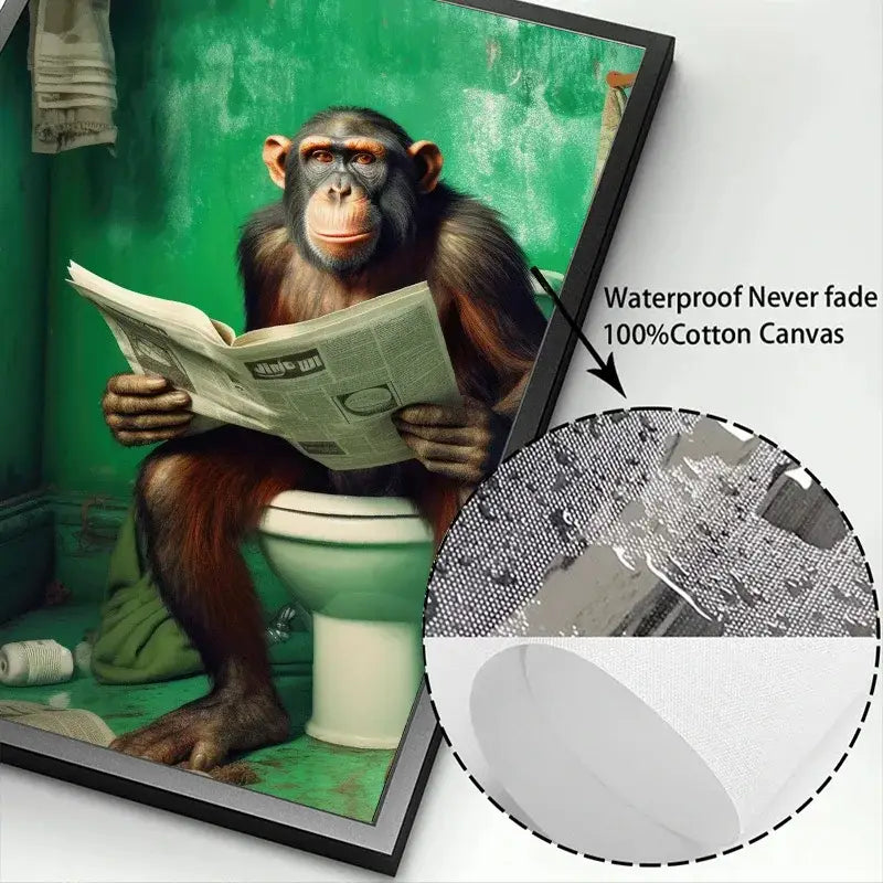 Black-framed 100% cotton canvas animal posters set featuring chimpanzee reading newspaper in green bathroom for home decor