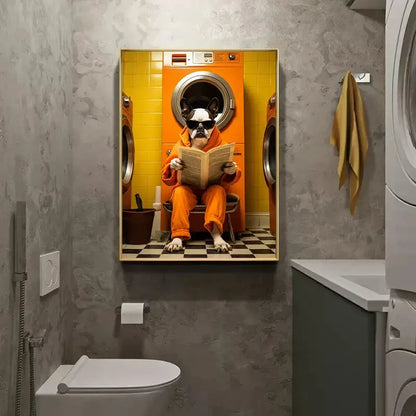 A framed orange-themed animal poster featuring a french bulldog in pajamas reading inside a washing machine for home decor