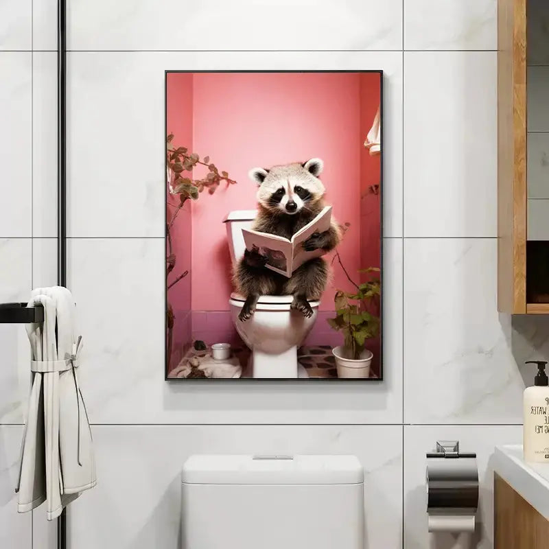 A framed canvas print from decorbites™ animal posters set showing a raccoon reading on a toilet with pink backdrop for home decor