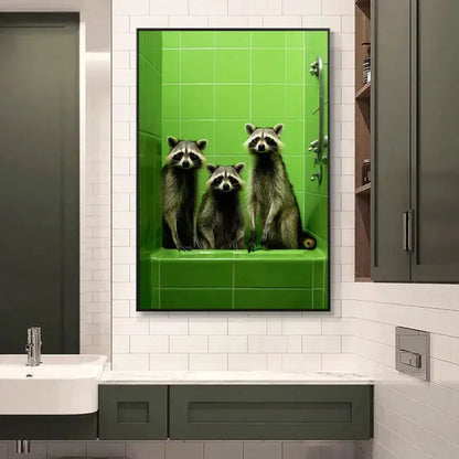 A framed canvas print from the decorbites™ animal posters set featuring three raccoons in a bright green tiled bathtub for home decor