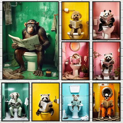 Set of nine framed humorous animal posters featuring monkeys dogs pandas raccoons and mice for home decor