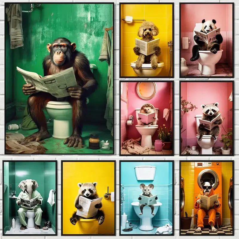 Set of nine framed DecorBites™ animal posters featuring humorous bathroom decor with animals reading newspapers