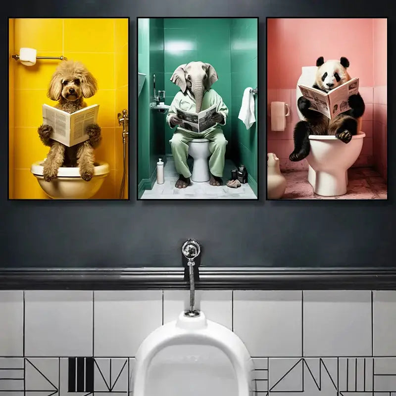 Three framed DecorBites™ animal posters set featuring a poodle, elephant, and panda reading on toilets for home decor