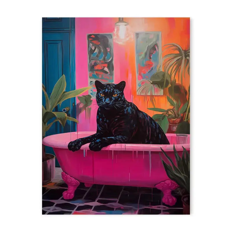 Decorbites™ animal print canvas wall art featuring a black cat panther with amber eyes in a vibrant pink tub