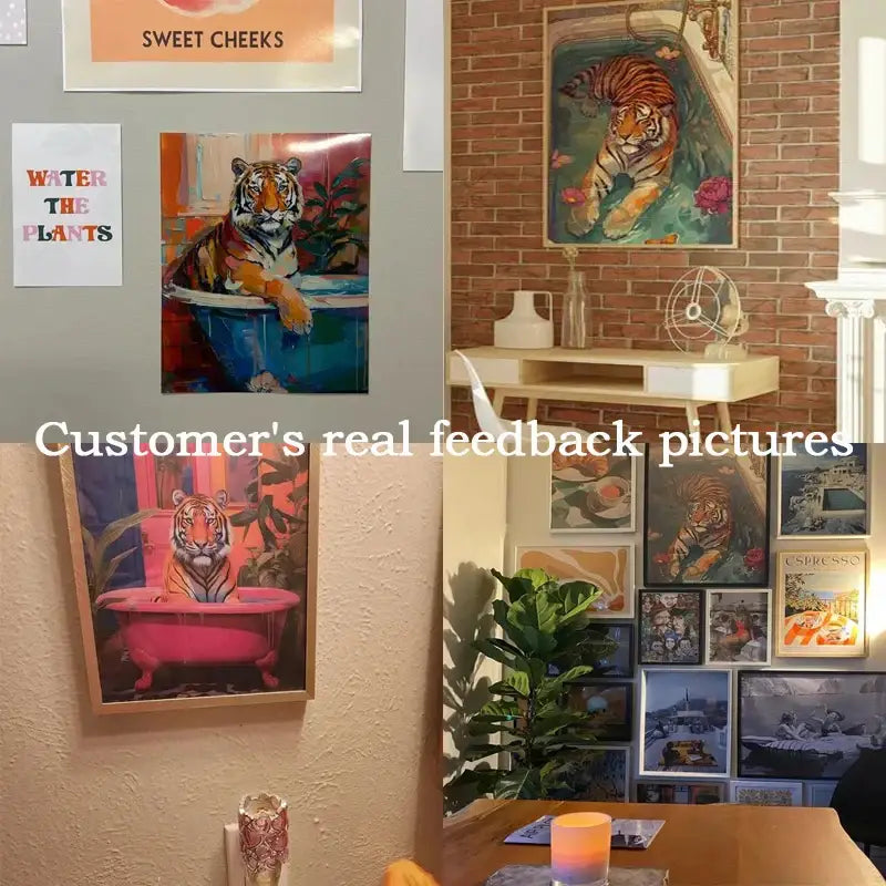 Framed DecorBites™ animal print canvas wall art featuring a black cat tiger lounging in a pink bathtub with bold brushstrokes