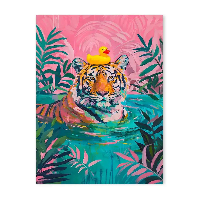 Vibrant animal print canvas wall art by decorbites™ featuring a tiger with a yellow rubber duck and lush foliage