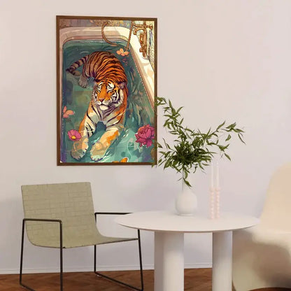Decorbites™ canvas painting wall art featuring a colorful bathtub animal tiger with vibrant orange and black stripes