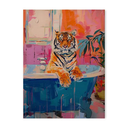 DecorBites™ canvas painting of a vibrant tiger with orange and black stripes lounging in a colorful bathtub wall art
