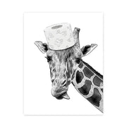 Black and white illustrated giraffe wearing floral toilet paper roll as hat bathroom poster wall art by decorbites animals bathroom poster