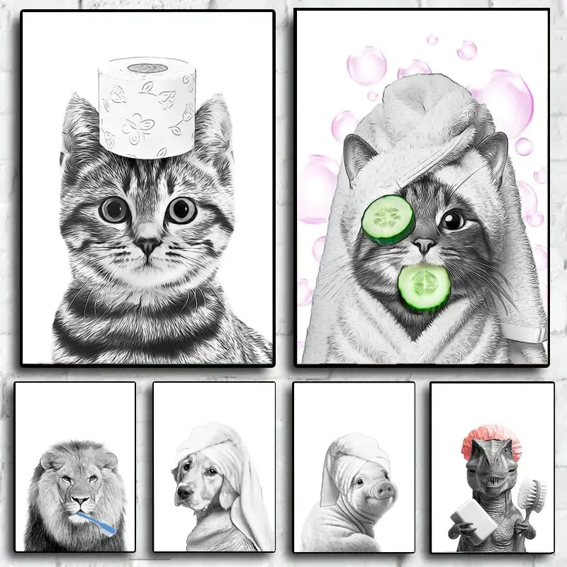 Set of six black-and-white animals bathroom poster wall art featuring humorous cats dogs lions pigs and dinosaurs by decorbites