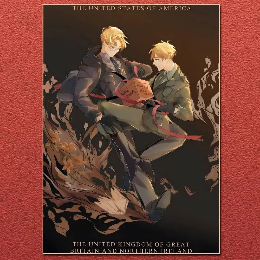 Illustrated anime cartoon hetalia poster canvas featuring two blonde characters with a red ribbon gift box happy new year