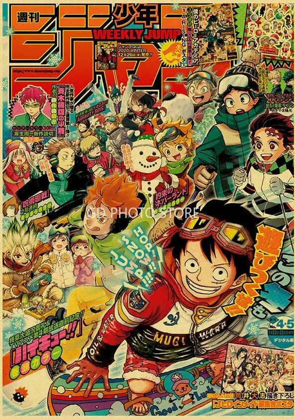 Vibrant red and yellow manga anime poster collection featuring anime characters in winter-themed outfits for home decor