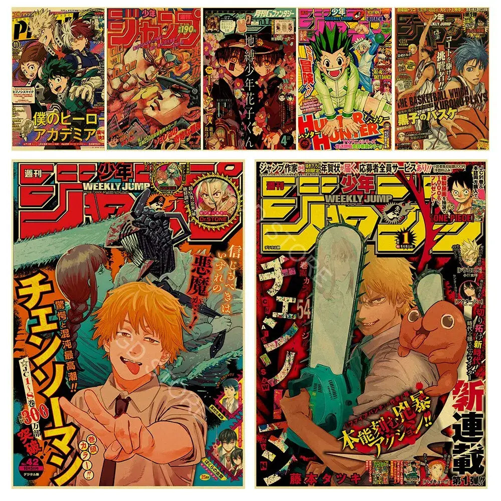 Vibrant anime poster collection featuring weekly shonen jump covers with iconic characters from chainsaw man and more